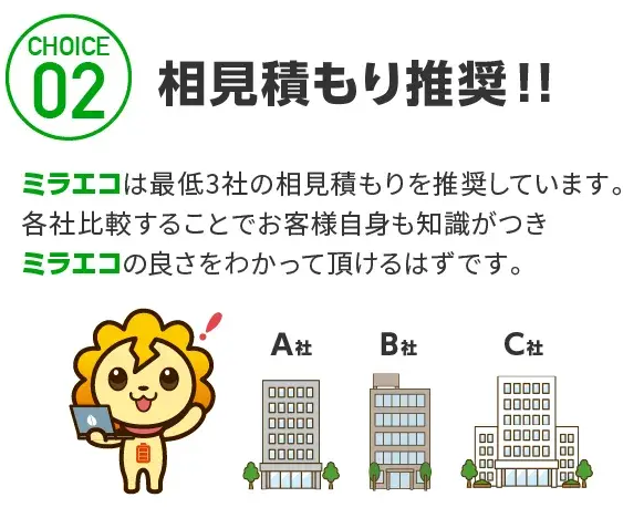 CHOICE 02 相見積もり推奨!!
ミラエコは最低3社の相見積もりを推奨しています。 各社比較することでお客様自身も知識がつき ミラエコの良さをわかって頂けるはずです。
A社 B社 C社