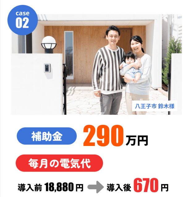 ケース2：八王子市鈴木様　補助金290万円　毎月の電気代：導入前18,880円　導入後670円