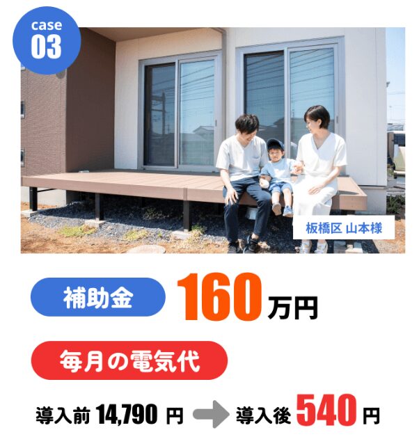 ケース3：板橋区山本様　補助金160万円　毎月の電気代：導入前14,790円　導入後540円