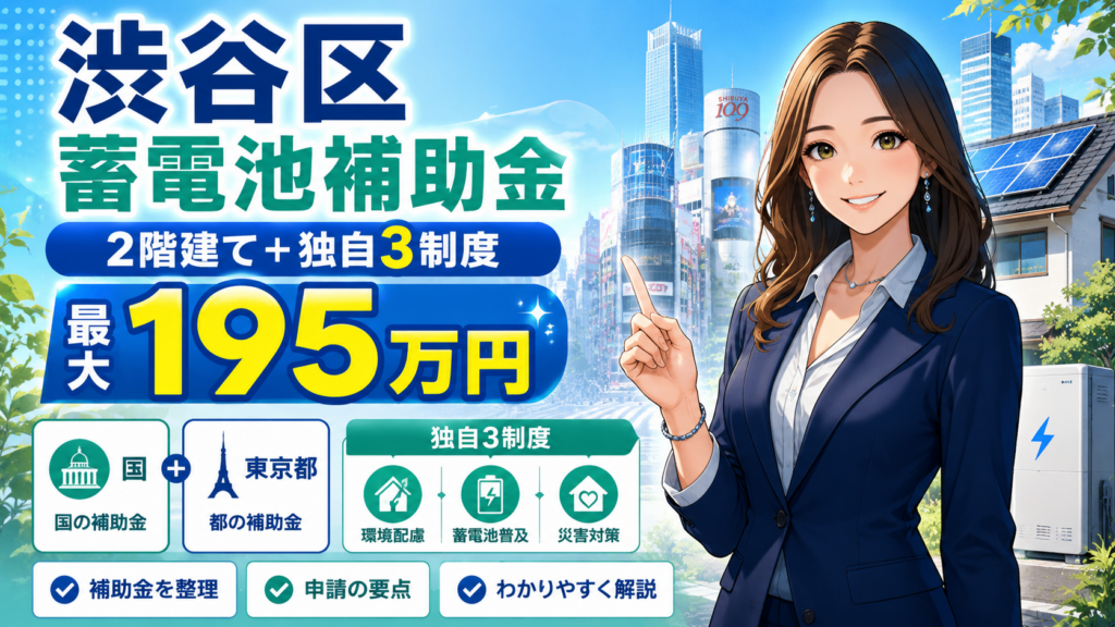 森川さんが渋谷区の蓄電池補助金を解説し、国・東京都の2階建て補助と独自3制度、最大195万円を示す画像