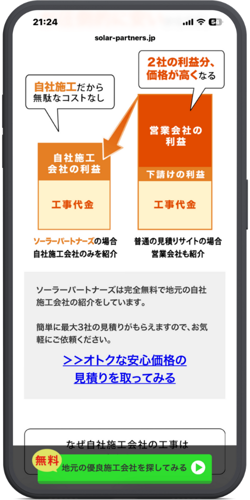 ソーラーパートナーズ公式サイトLPモックアップ
【コスト構造の比較図】 （左：ソーラーパートナーズの場合） 自社施工だから無駄なコストなし

[ 自社施工会社の利益 ]

[ 工事代金 ] 自社施工会社のみを紹介

（右：普通の見積りサイトの場合） 2社の利益分、価格が高くなる

[ 営業会社の利益 ]

[ 下請けの利益 ]

[ 工事代金 ] 営業会社も紹介

【説明テキスト】 ソーラーパートナーズは完全無料で地元の自社施工会社の紹介をしています。 簡単に最大3社の見積りがもらえますので、お気軽にご依頼ください。

【リンクテキスト】 ＞＞オトクな安心価格の見積りを取ってみる