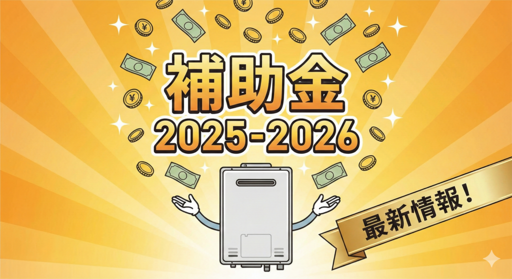 2025年・2026年の給湯器交換補助金（給湯省エネ事業）の最新情報を伝えるイラスト