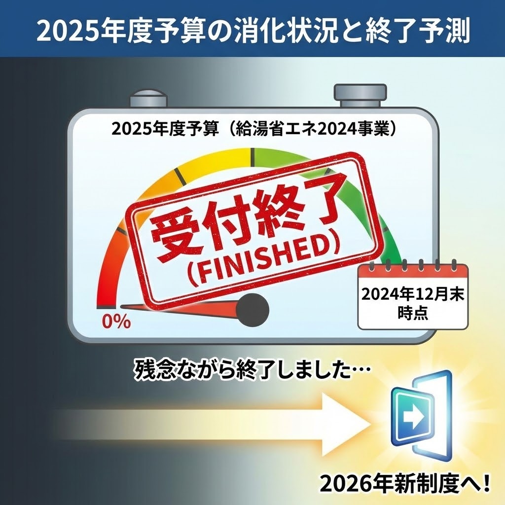 まだ間に合う？2025年度エコキュート補助金予算の消化状況と終了予測を解説したイメージ図