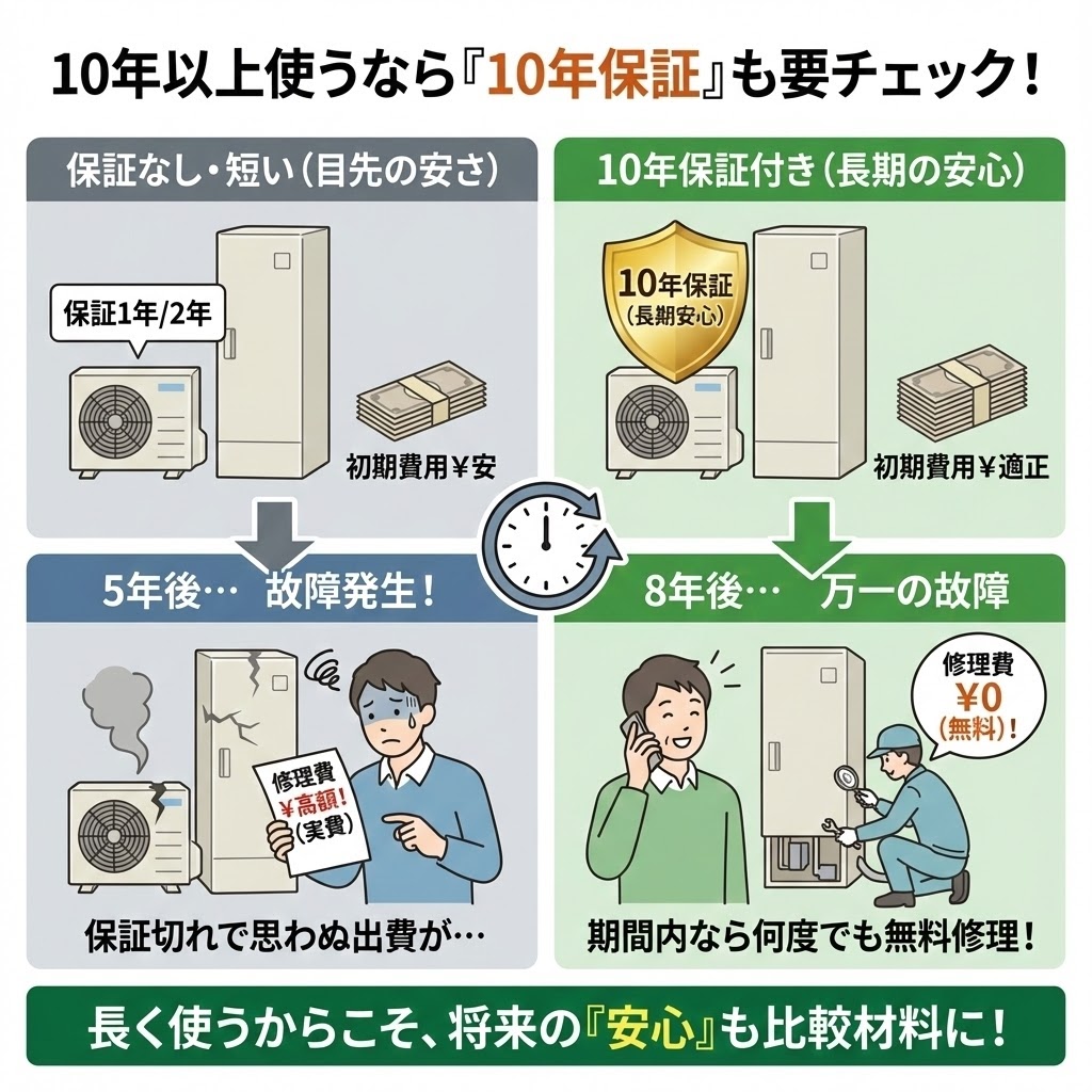 エコキュートを10年以上安心して使うために見積もりで確認すべき「10年保証」の有無と重要性の解説図