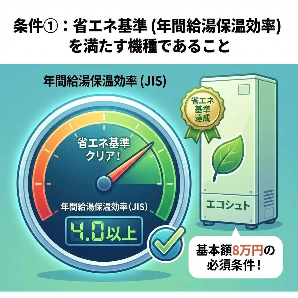 2026年エコキュート補助金の対象となる省エネ基準（年間給湯保温効率2025年度目標値）をクリアした機種のイメージ