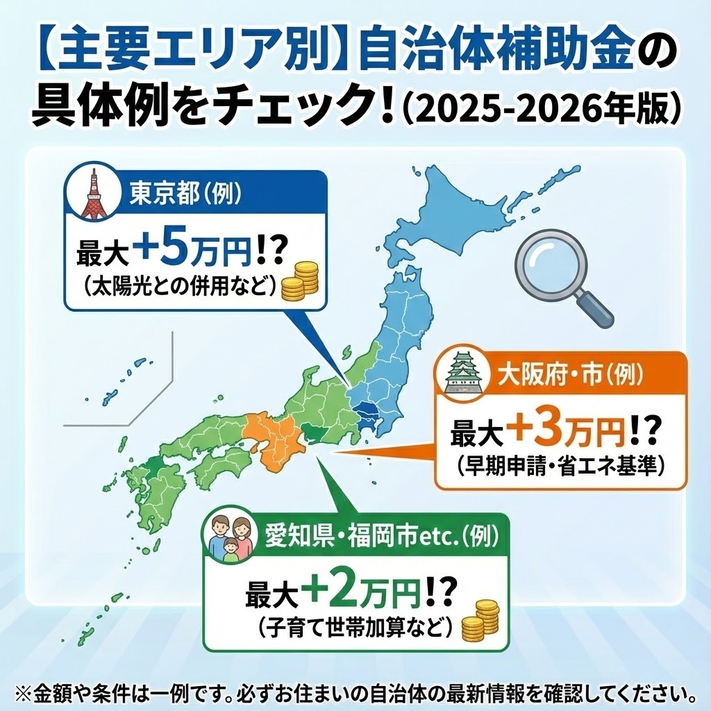 2025-2026年版エコキュート自治体補助金の主要エリア別（東京・大阪など）金額例と上乗せ額のチェックポイント図解