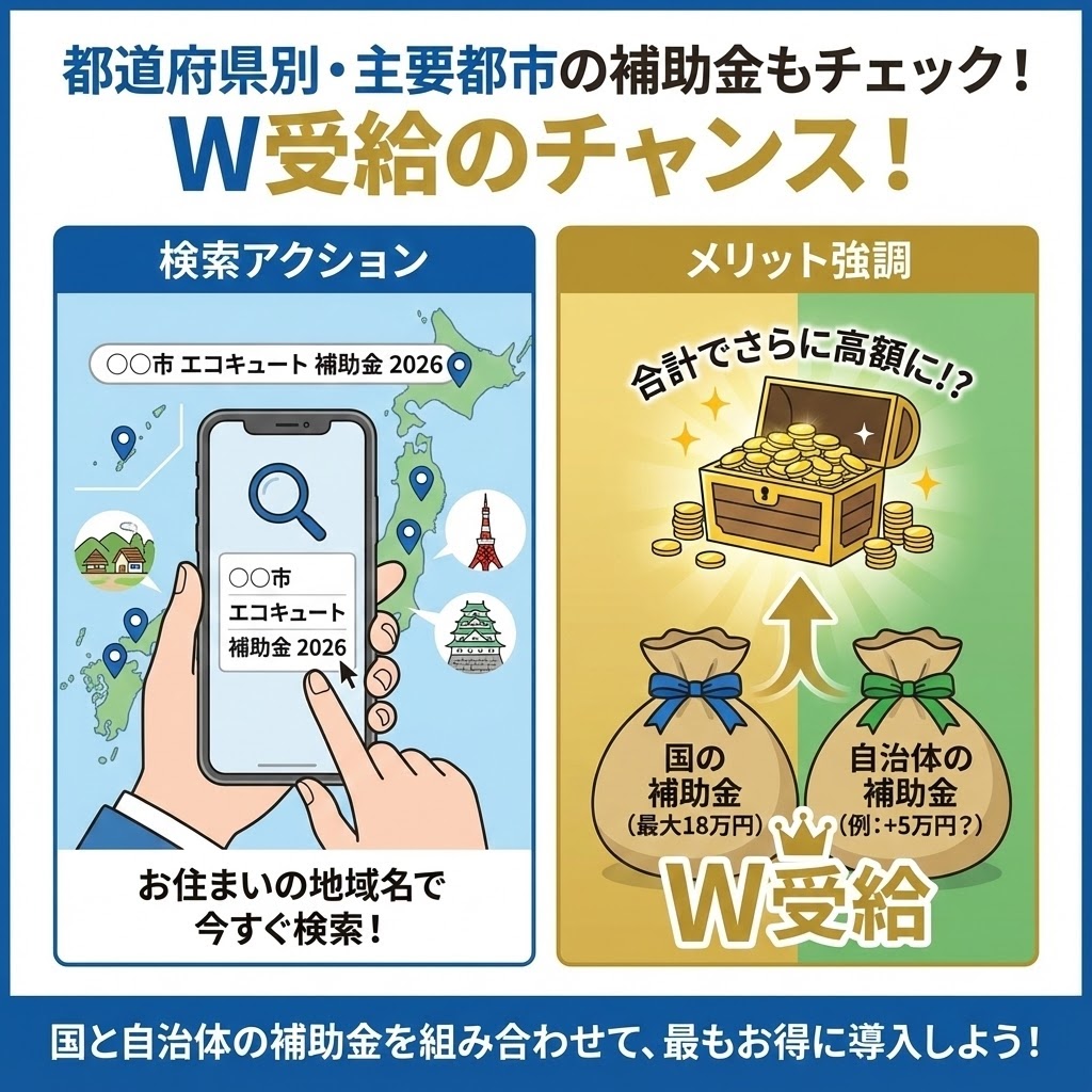 2026年エコキュート補助金を都道府県・市区町村などの自治体別に検索する方法と日本地図のイメージ