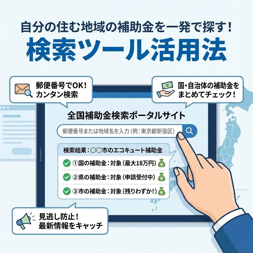 居住地域の自治体独自のエコキュート補助金を一発で検索できるサイト・ツールの活用イメージ