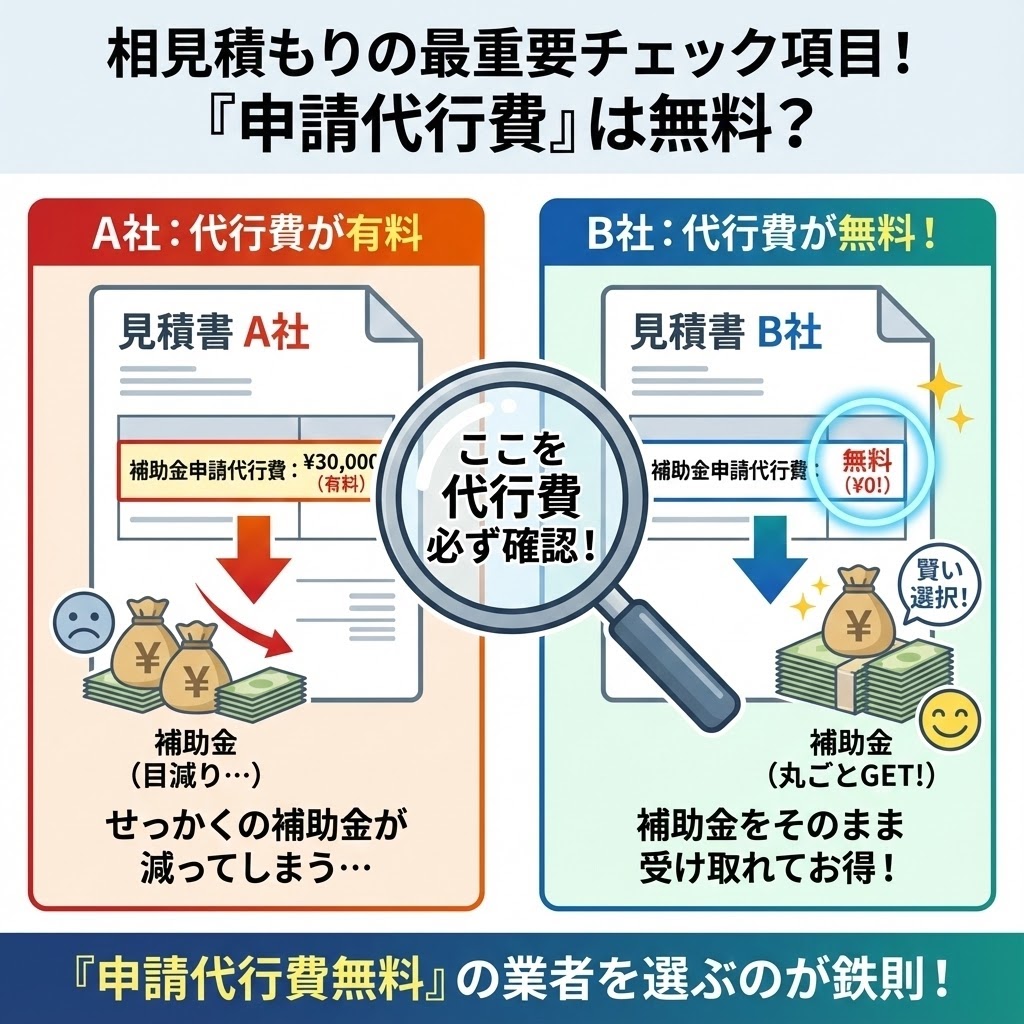 エコキュート交換の相見積もりで補助金申請代行費が無料かどうかを確認する重要性の解説イラスト