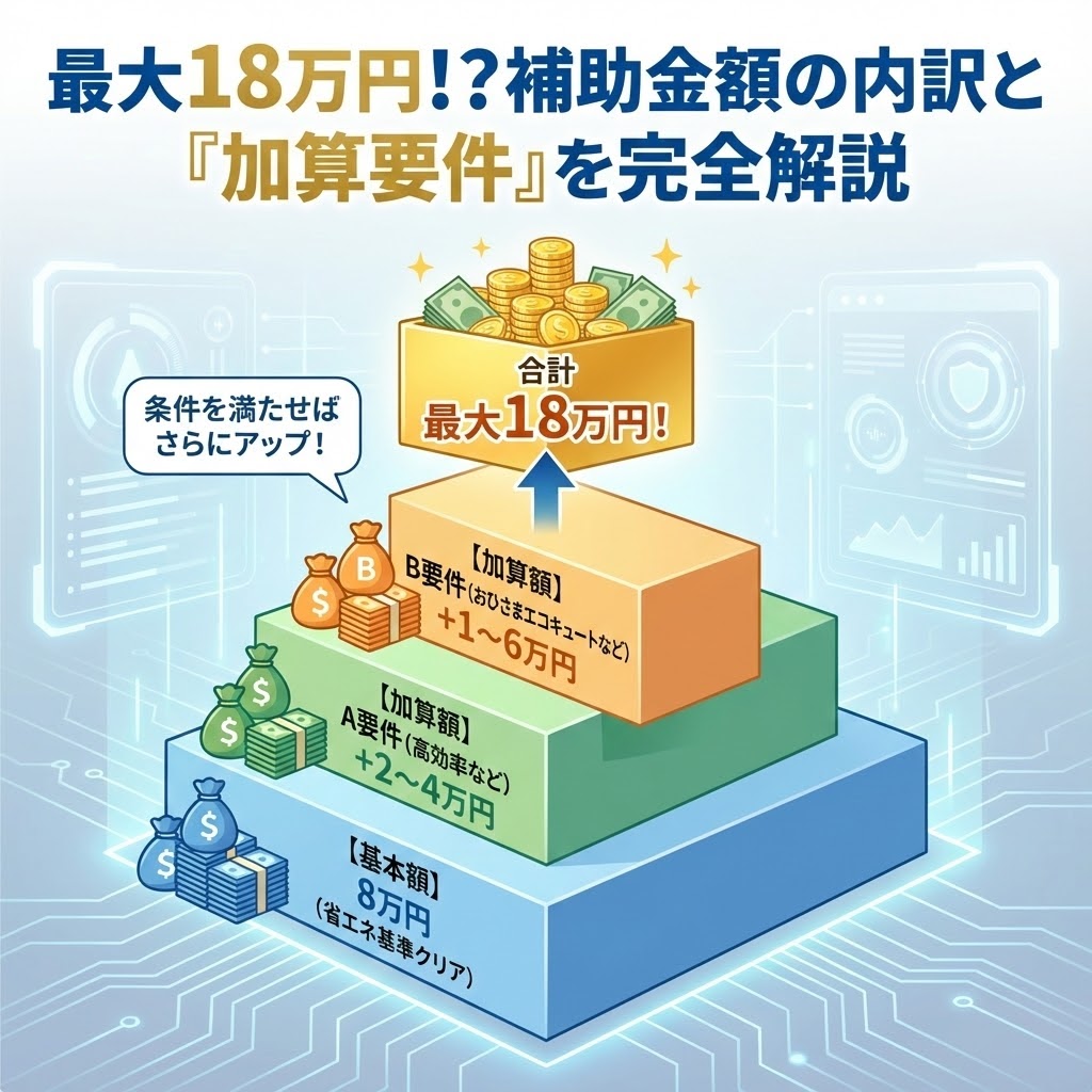 2026年エコキュート補助金の最大18万円の内訳（基本額・性能加算・撤去加算）と要件を解説した図解