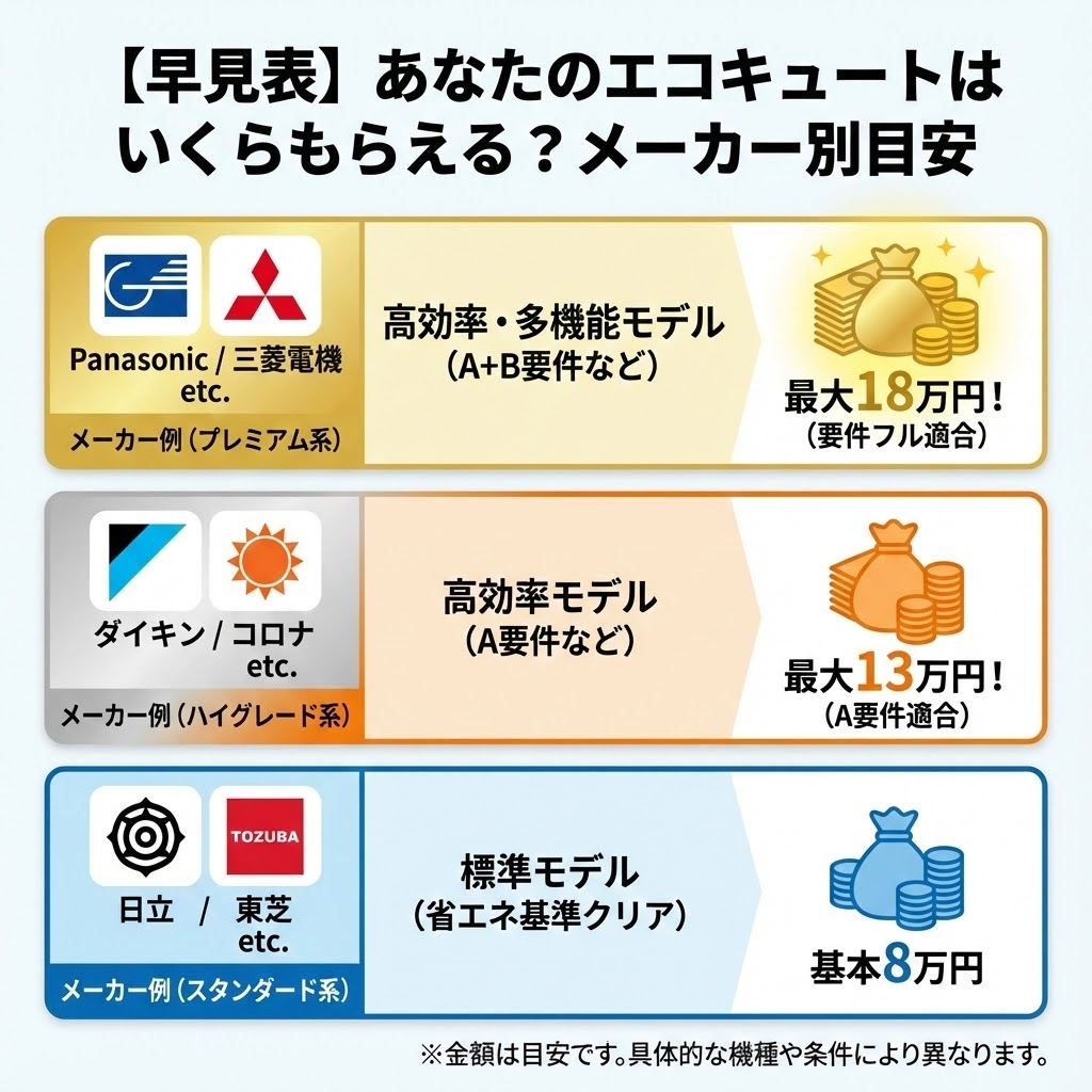 2026年版エコキュート補助金額のメーカー別・機種別目安が一目でわかる早見表