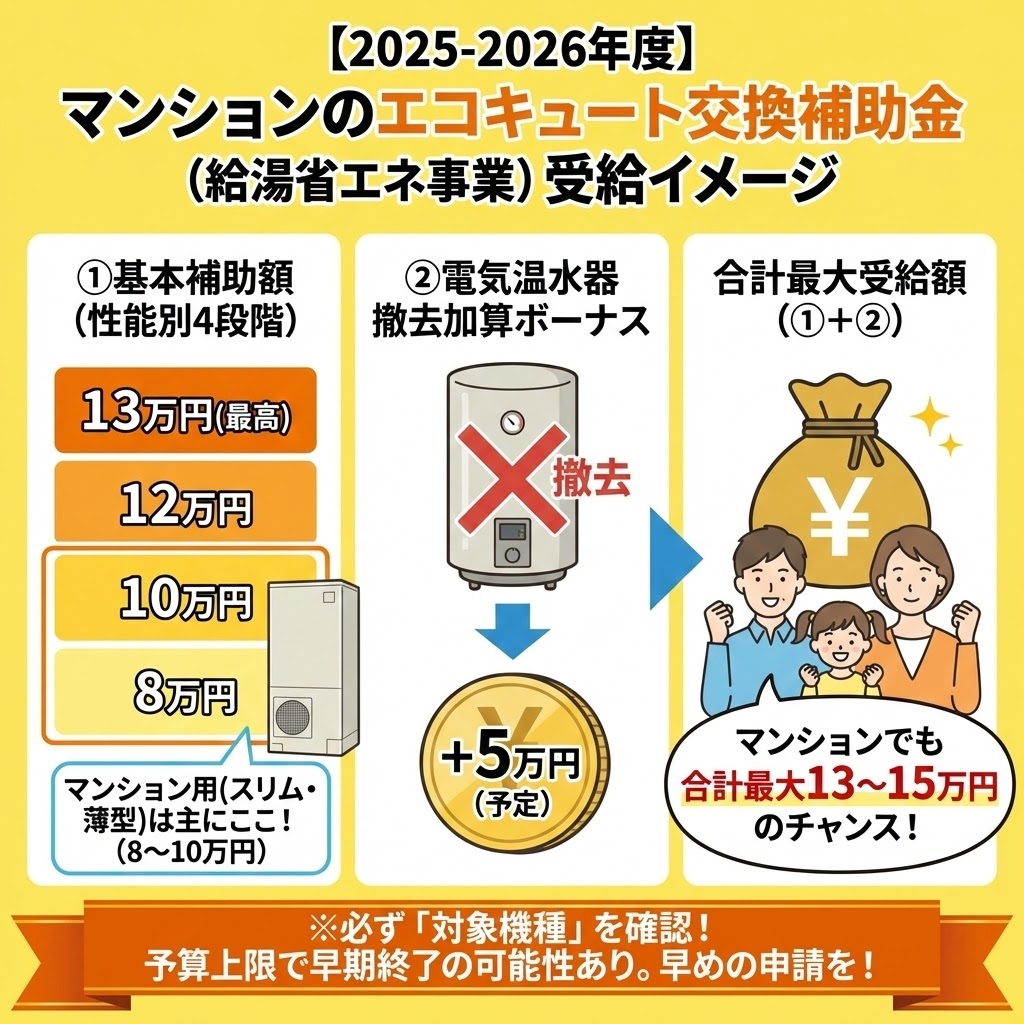 2026年度のエコキュート交換における補助金（給湯省エネ事業）の金額シミュレーション図。基本補助額8〜13万円に加え、電気温水器の撤去加算5万円を受け取ることで、最大15万円以上の負担軽減が可能になる仕組みを解説