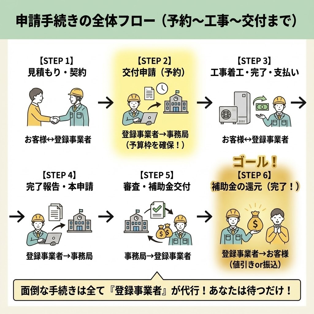 2026年エコキュート補助金の予約から工事、申請、そして還元（交付）までの全手順を解説したフローチャート
