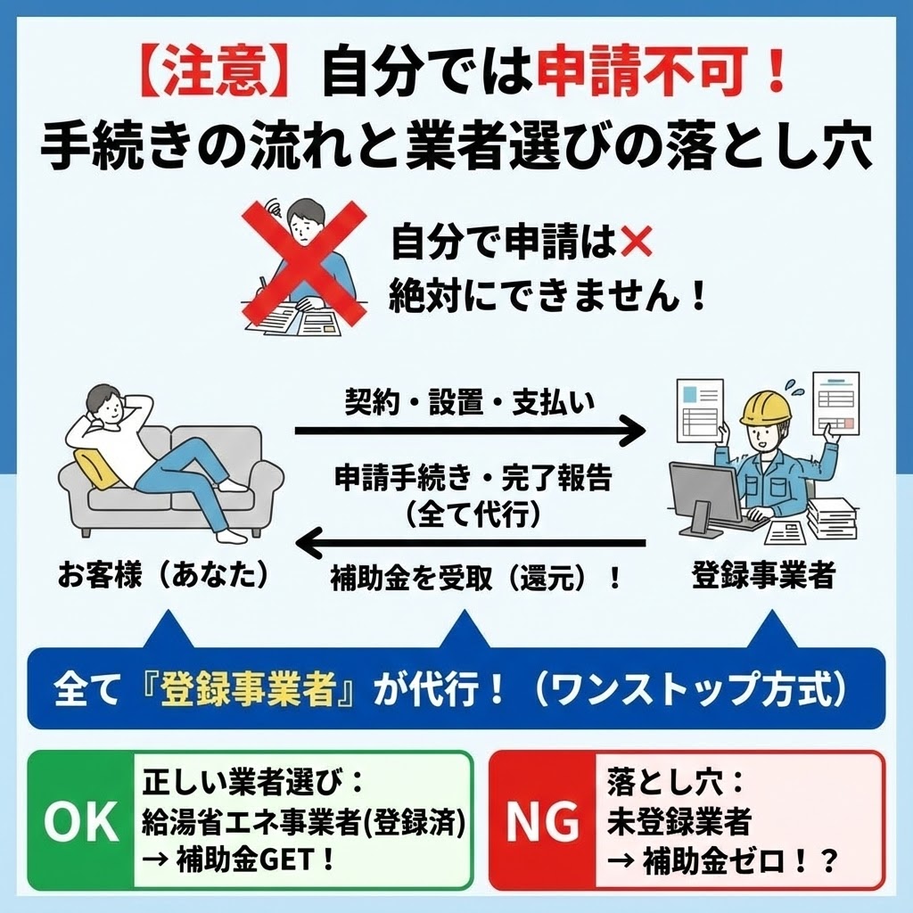 2026年エコキュート補助金の申請手続きは自分では行えず、登録事業者が代行する（ワンストップ方式）仕組みの解説図