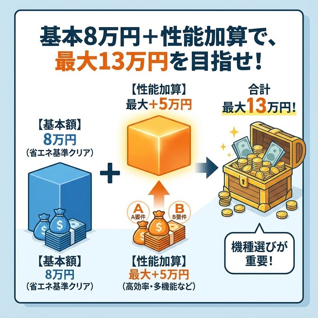 2026年エコキュート補助金の基本額8万円に加え性能加算で最大5万円が上乗せされる仕組みの解説図