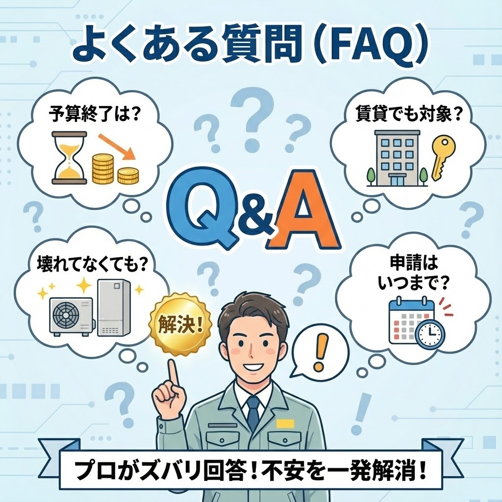 2026年エコキュート補助金に関するよくある質問（予算終了時期・賃貸での利用・故障前の交換など）をまとめたQ&Aコーナーのイメージ
