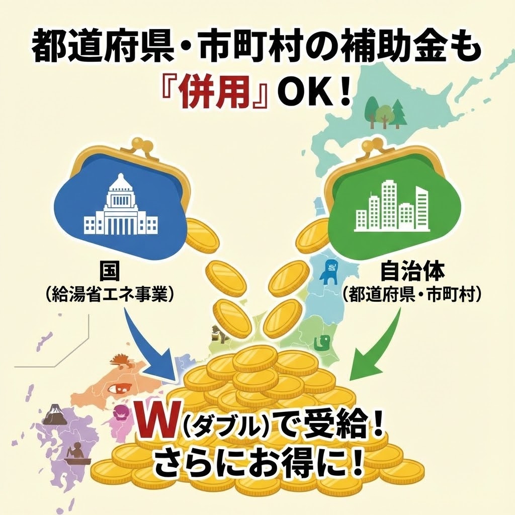 国の給湯省エネ事業と都道府県・市町村の自治体補助金を併用してエコキュート交換費用をさらに安くするイメージ図