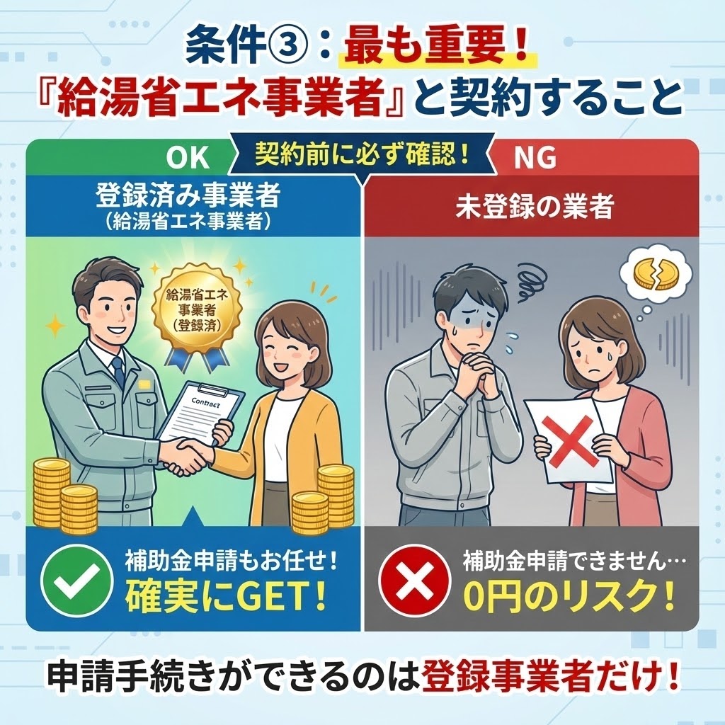 給湯省エネ事業者以外の未登録業者と契約すると補助金がもらえないことを警告する注意喚起のイラスト
