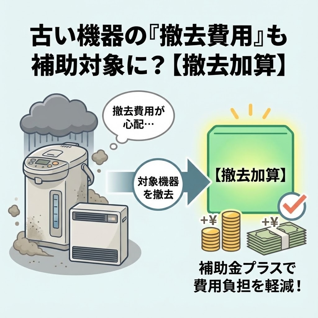 電気温水器や蓄熱暖房機の撤去で5万円が上乗せされるエコキュート補助金の「撤去加算」の仕組み図解
