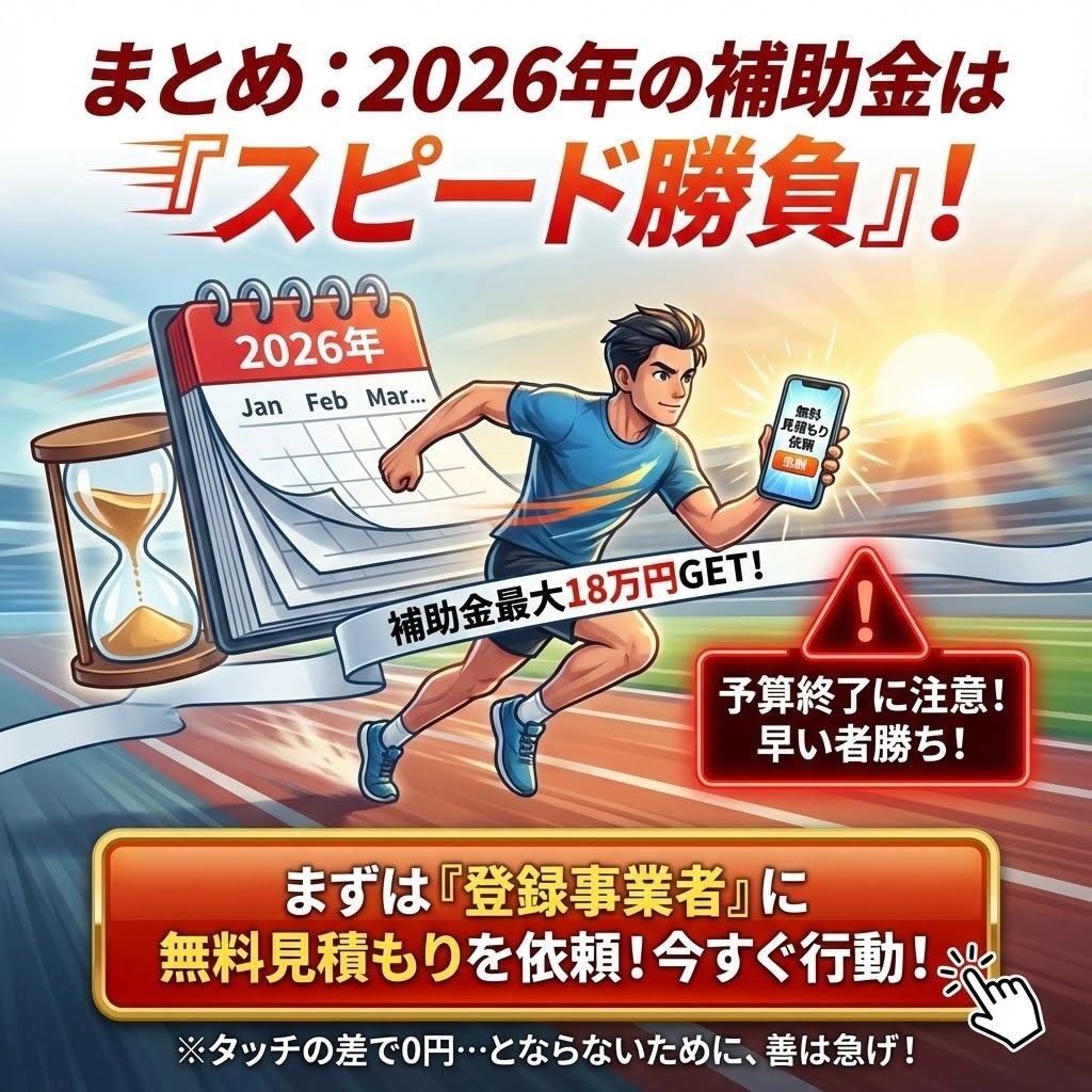 2026年エコキュート補助金は早い者勝ちのスピード勝負！予算終了前に登録業者へ無料見積もりを依頼することを促すまとめイラスト