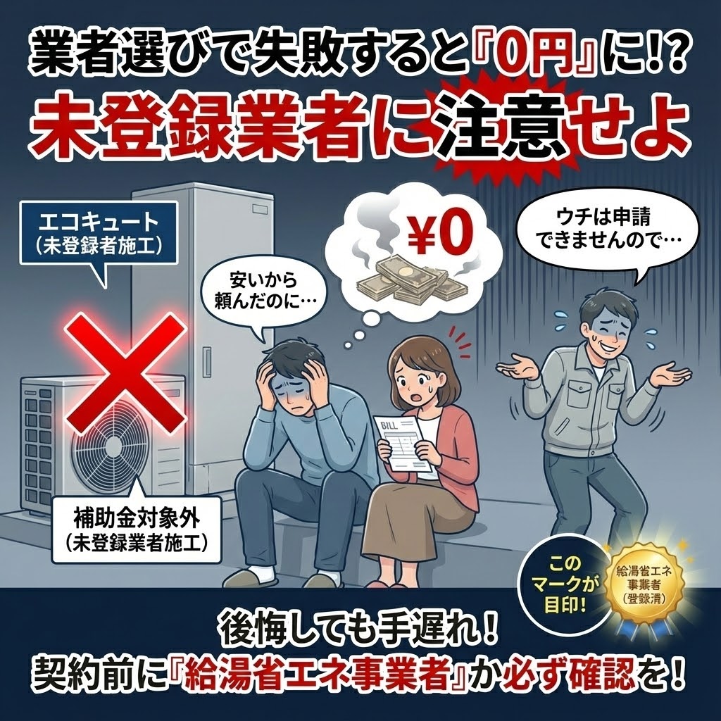 給湯省エネ事業者ではない未登録業者に依頼してエコキュート補助金が0円になってしまう失敗例の注意喚起イラスト