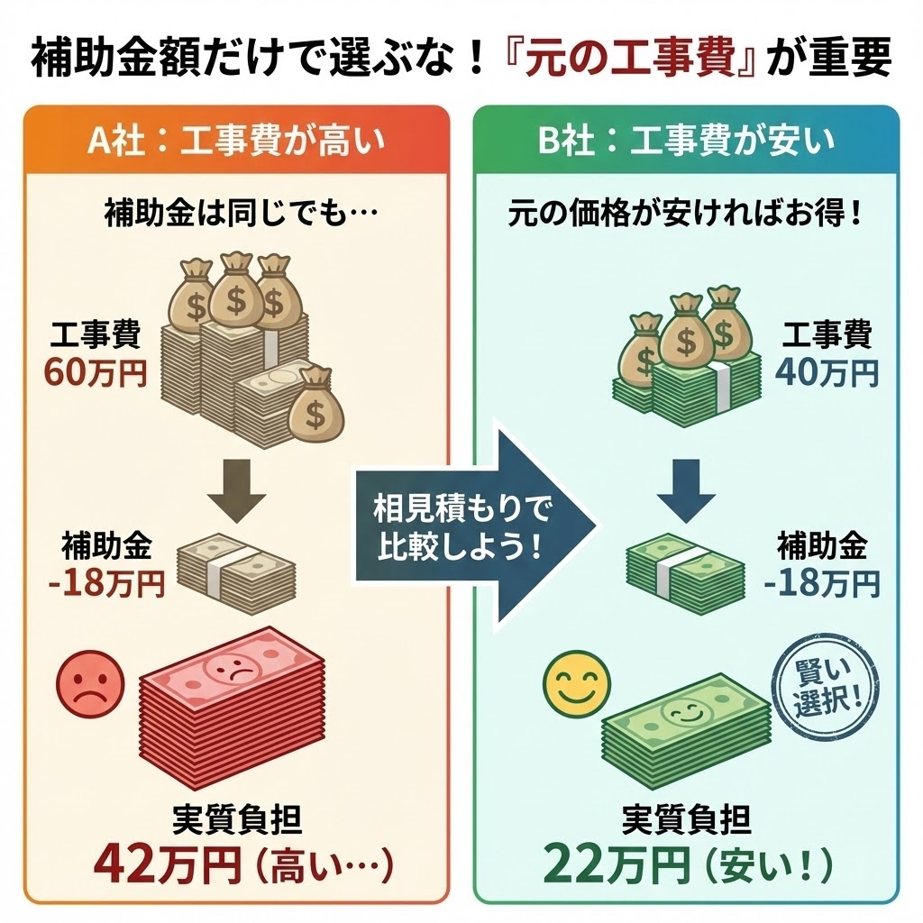 補助金額だけでなく「元の工事費」の安さで業者を選びエコキュート交換総額を最安値にするための比較図解