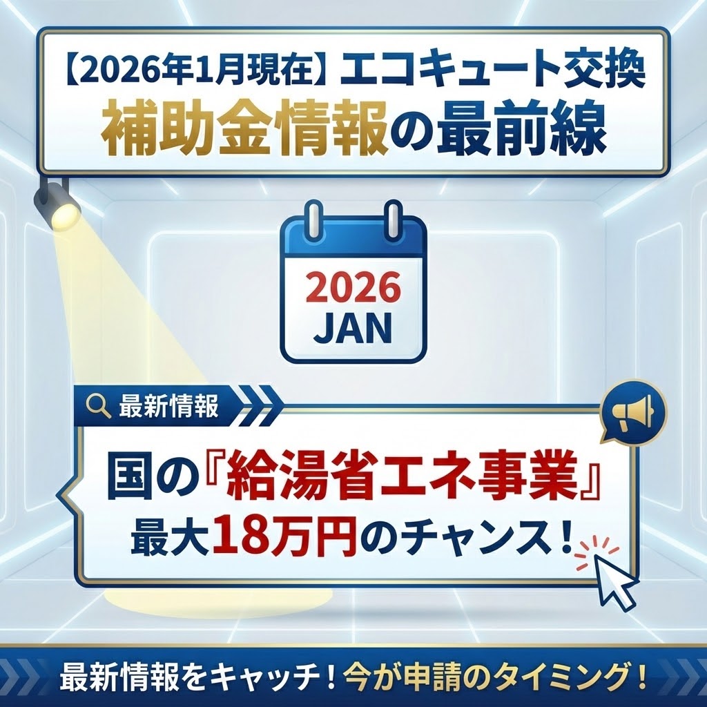 2026年1月現在のエコキュート交換補助金（給湯省エネ事業）の最新状況とポイントをまとめた図解イラスト