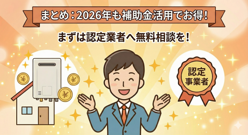 記事のまとめ画像：「2026年も補助金活用でお得！まずは認定業者へ無料相談を！」というメッセージ。笑顔の男性が両手を広げ、新しい給湯器と認定事業者のバッジに囲まれて、補助金が利用できてよかったという喜びと安心感を表現したイラスト背景。