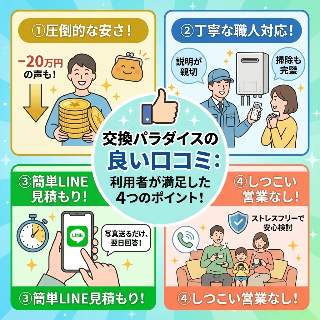 「交換パラダイスの良い口コミ：利用者が満足した4つのポイント！」と題したインフォグラフィック。中央のタイトルを囲むように4つのパネルがある。左上は「①圧倒的な安さ！」で、-20万円の声と小銭の山を持つ男性のイラスト。右上は「②丁寧な職人対応！」で、給湯器の前で職人が顧客に親切に説明しているイラスト。左下は「③簡単LINE見積もり！」で、スマホで写真を送り翌日回答をもらうイラスト。右下は「④しつこい営業なし！」で、家族がリビングでくつろぎストレスフリーで検討しているイラストが描かれている。