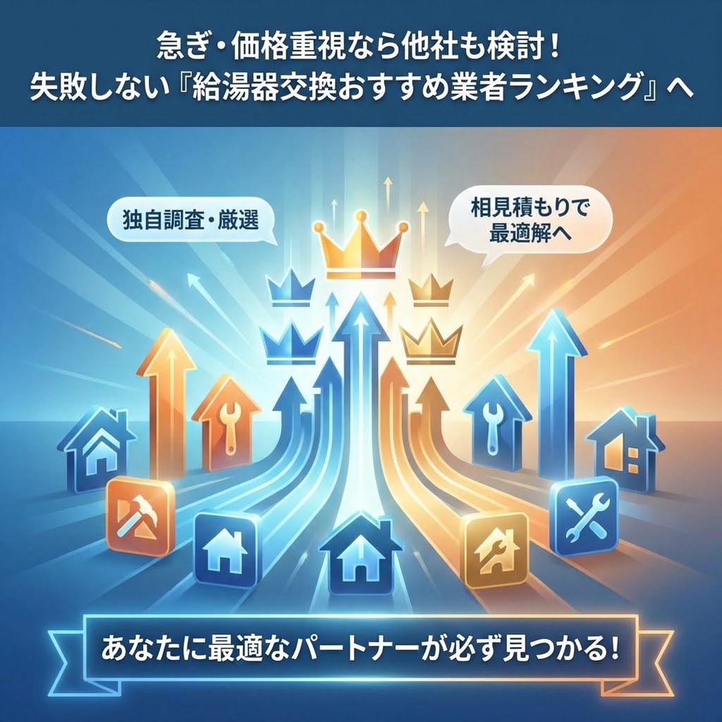 「急ぎ・価格重視なら他社も検討!失敗しない『給湯器交換おすすめ業者ランキング』へ」と題した抽象的な誘導バナー。家や工具のアイコンが王冠に向かって上昇するイラストで、多数の選択肢から「独自調査・厳選」されたトップの業者へたどり着けるイメージを表現。「相見積もりで最適解へ」と導き、下部では「あなたに最適なパートナーが必ず見つかる!」と、給湯器交換の優良業者比較ページへの期待感を高めている。
