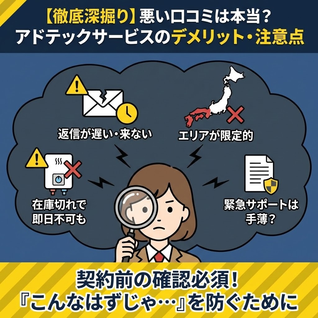 「【徹底深掘り】悪い口コミは本当？アドテックサービスのデメリット・注意点」というタイトルのインフォグラフィック。虫眼鏡を持った女性探偵キャラクター（ジェミオちゃん）が、アドテックサービス（給湯お助け隊）に関する4つの主なデメリット、「返信が遅い・来ない」「エリアが限定的（西日本不可など）」「在庫切れで即日不可の場合あり」「緊急サポートは手薄？」をアイコンと共に図解し、「契約前の確認必須！『こんなはずじゃ…』を防ぐために」と注意喚起しているイラスト。
