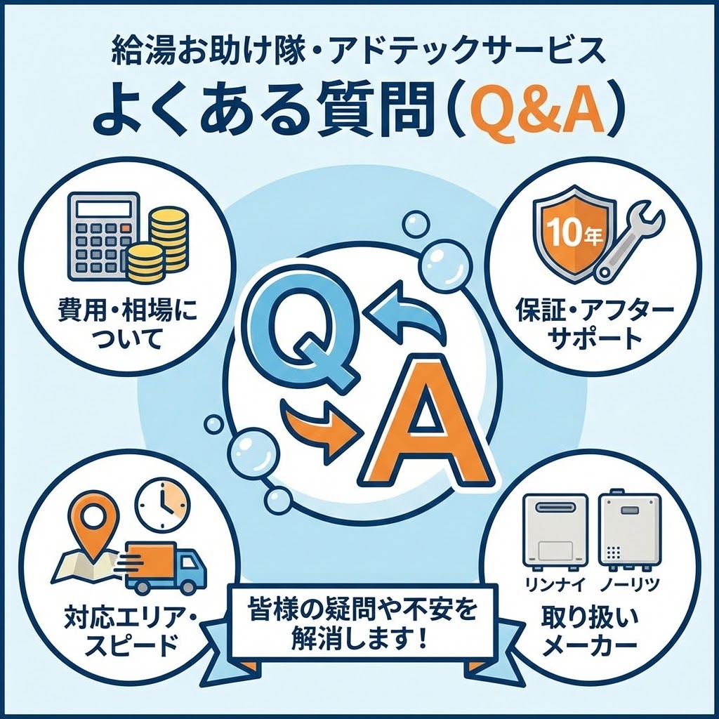 給湯お助け隊・アドテックサービスに関するよくある質問（Q&A）のインフォグラフィック。費用・相場、10年保証・アフターサポート、対応エリア・スピード、取り扱いメーカー（リンナイ・ノーリツ）といった主要な疑問カテゴリーがイラストで示されている。