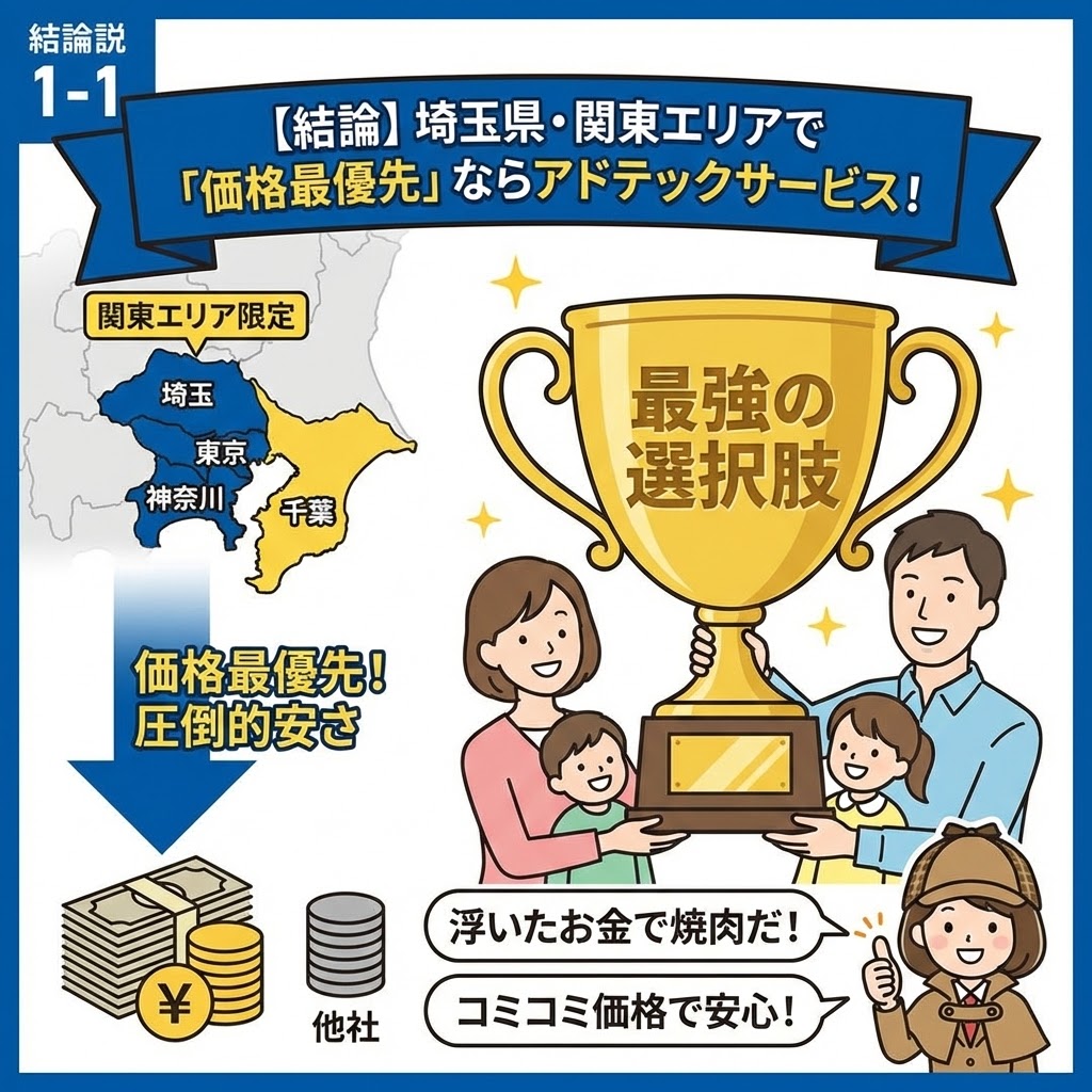 給湯お助け隊（アドテックサービス）は、埼玉県を含む関東エリアにおいて、価格を最優先する場合に「最強の選択肢」となるという結論を示した図。笑顔の家族が「最強の選択肢」と書かれたトロフィーを持ち、他社と比較して圧倒的な安さやコミコミ価格であることを喜んでいる様子が描かれている。