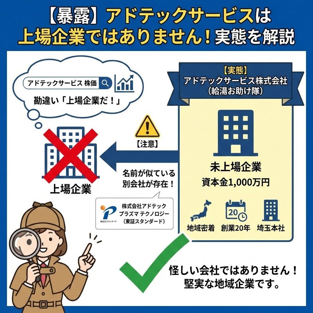 【暴露】アドテックサービス（給湯お助け隊）は上場企業ではないという実態を解説した図解。「株価」で検索して名前の似た別の上場企業と勘違いしないよう注意を促し、実際は埼玉県さいたま市に本社を置く創業20年の地域密着型未上場企業であることを、探偵キャラクターが分かりやすく説明しているイラスト。