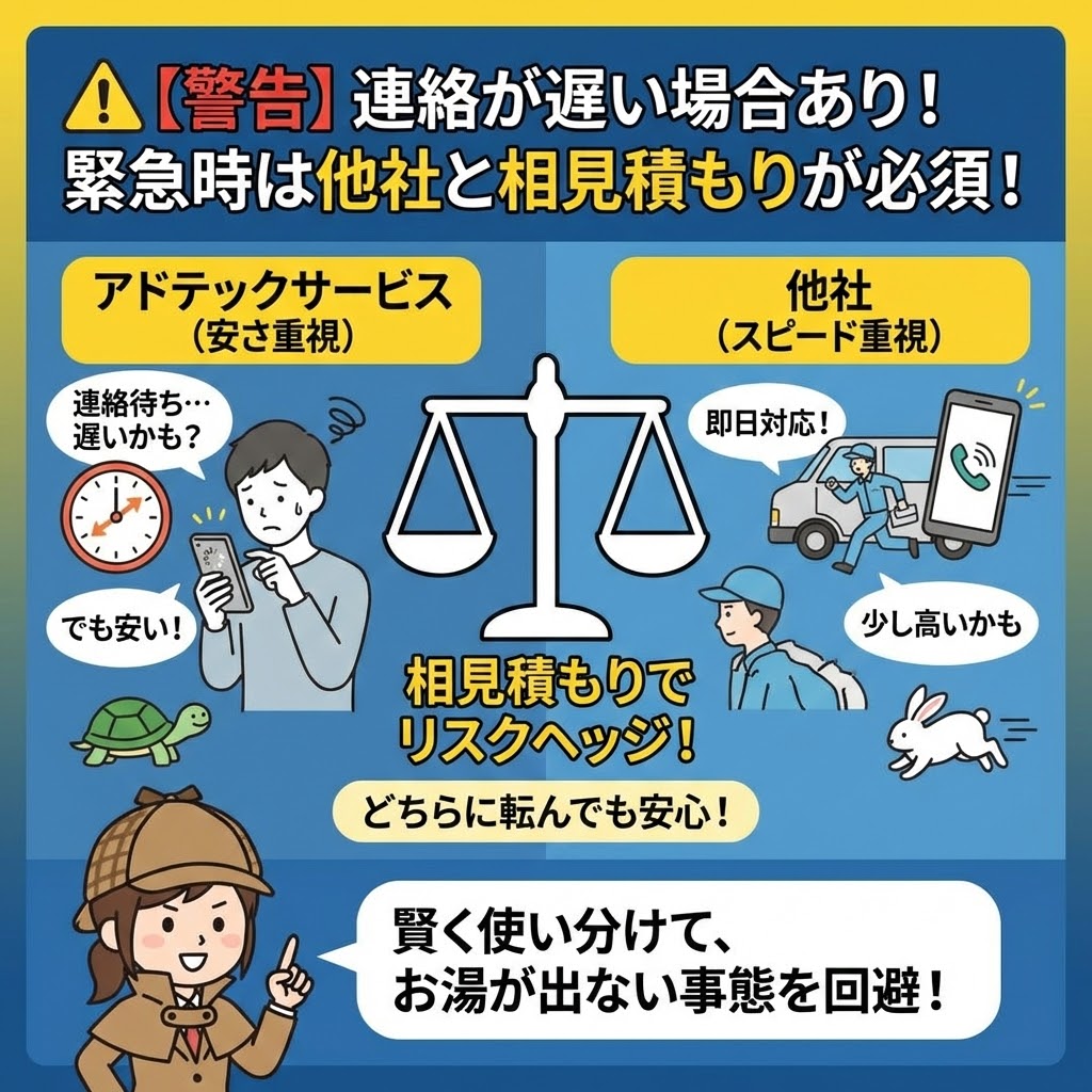 【警告】アドテックサービスは連絡が遅い場合があるため、緊急時は他社と相見積もりが必須であることを示す図解。安さ重視のアドテックサービス（連絡遅れのリスクあり）と、スピード重視の他社（少し高いが即日対応）を天秤にかけ、相見積もりでリスクヘッジすることを推奨しているイラスト。