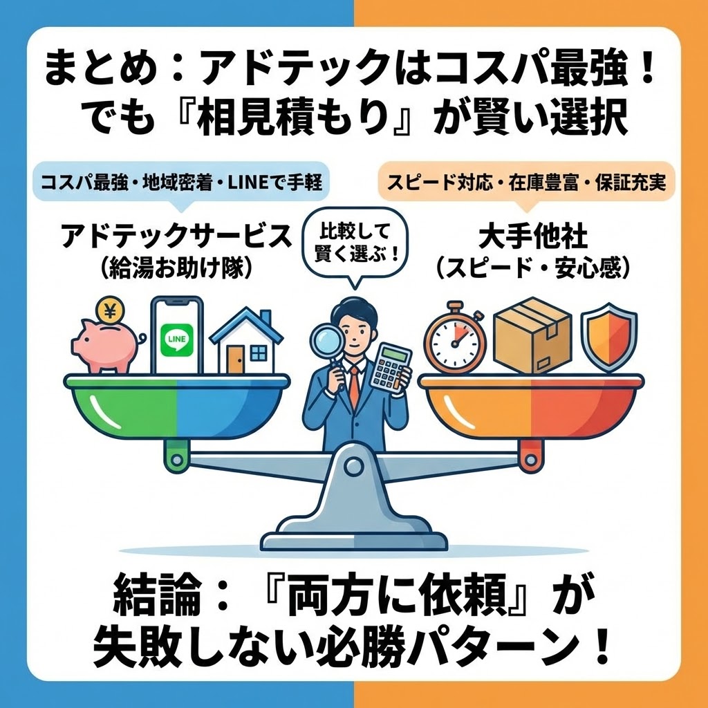 給湯器交換業者、アドテックサービス（給湯お助け隊）と大手他社の比較まとめイラスト。天秤を用いて、アドテックの『コスパ最強・地域密着』と大手の『スピード・安心感』を比較。最終的に『両方に依頼』して相見積もりを取ることが失敗しない必勝パターンであると結論付けている。