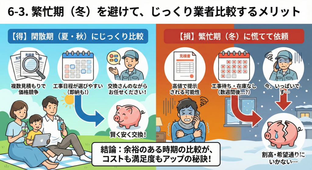 6-3. 繁忙期（冬）を避けて、じっくり業者比較するメリット。左側の「【得】閑散期（夏・秋）にじっくり比較」では、複数見積もりによる価格競争や工事日程の選びやすさ（即納も！）で賢く安く交換できるメリットを、右側の「【損】繁忙期（冬）に慌てて依頼」では、高値提示の可能性や工事待ち・在庫なし（数週間後？）で割高になり希望通りにいかないデメリットを比較。結論として、「余裕のある時期の比較が、コストも満足度もアップの秘訣！」であることを強調した図解イラスト。
