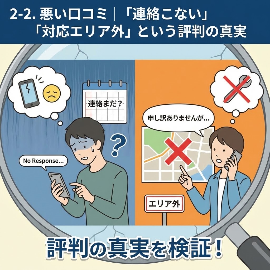 悪い口コミとして寄せられる「連絡がこない」「対応エリア外」という評判の真実を検証する様子を描いたイラスト。左側はスマホで連絡を待ち続ける男性、右側は地図でエリア外を示され電話で断られている男性の様子。