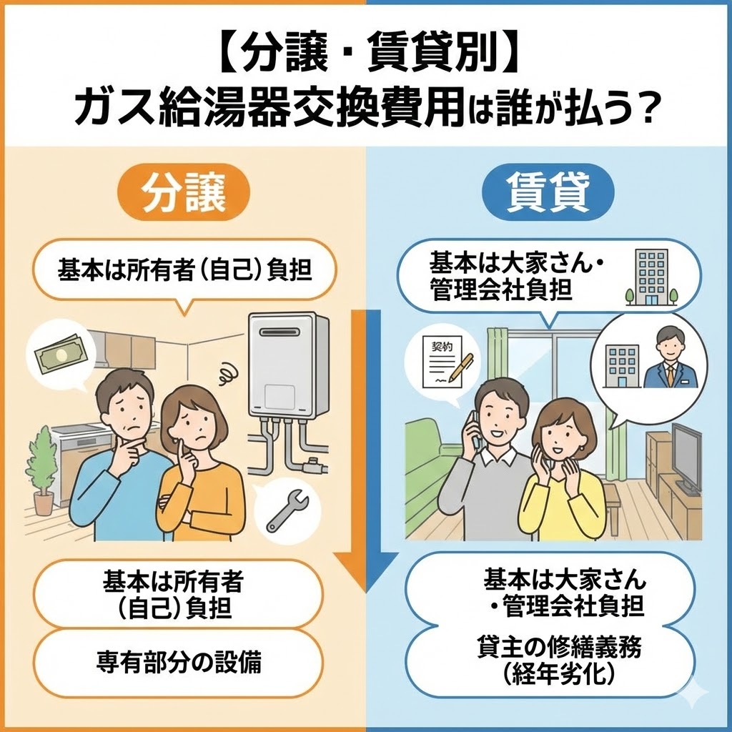 【分譲・賃貸別】ガス給湯器交換費用は誰が払う？の解説イラスト。分譲マンションでは基本は所有者（自己）負担、賃貸マンションでは基本は大家さん・管理会社負担であることを、それぞれの状況を示す人物やアイコンと共に比較して図解。