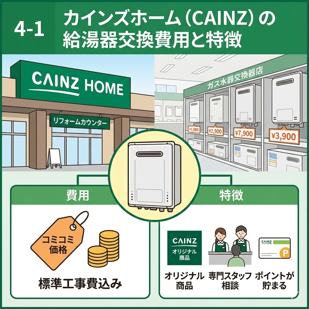 「カインズホーム（CAINZ）の給湯器交換費用と特徴」を図解したイラスト。店舗のリフォームカウンターや売り場の様子に加え、費用面での「コミコミ価格（標準工事費込み）」や、特徴としての「オリジナル商品」「専門スタッフ相談」「ポイントが貯まる」といったメリットが分かりやすくまとめられている。