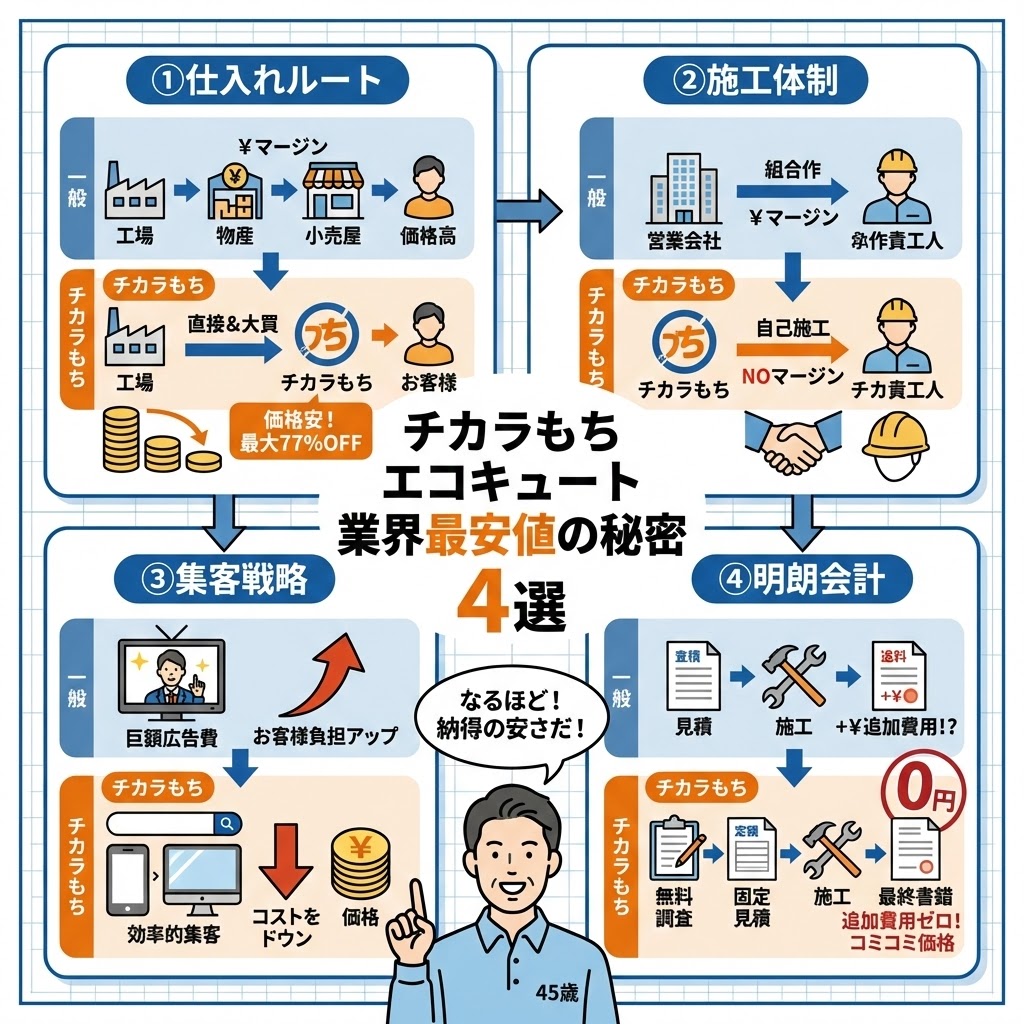 チカラもちエコキュートが業界最安値を実現する4つの秘密を解説した図解イラスト。「①仕入れルート（メーカー直接・大量仕入れ）」「②施工体制（完全自社施工）」「③集客戦略（効率的なネット集客）」「④明朗会計（追加費用ゼロ）」の仕組みを、一般的な業者と比較して図示。45歳の男性が「なるほど！納得の安さだ！」と納得している様子も描かれている。