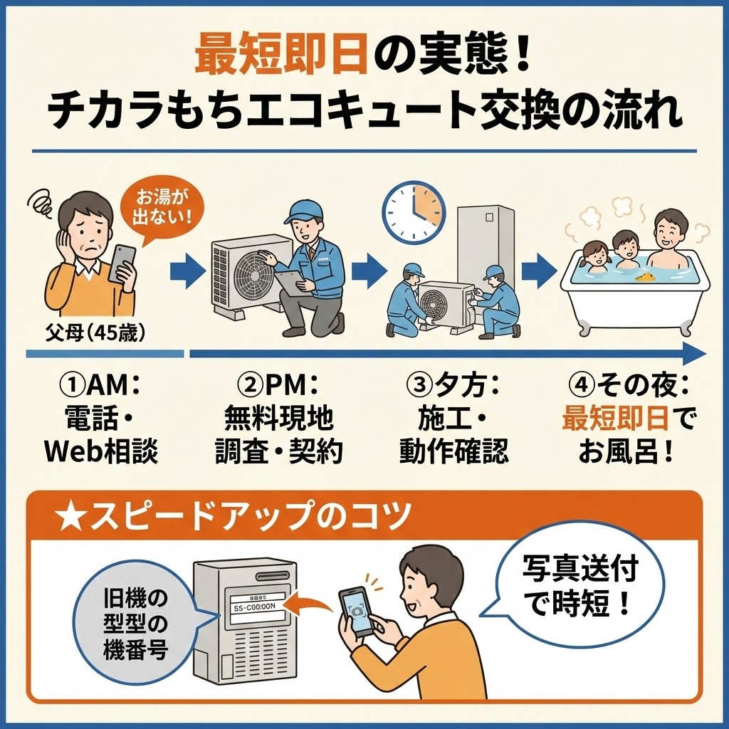最短即日で完了するチカラもちのエコキュート交換工事の流れを図解したイラスト。午前中に電話・Web相談し、午後に無料現地調査・契約、夕方に施工・動作確認を経て、その日の夜には新しいお風呂に入れるまでのステップを時系列で表示。さらに、旧機の型番写真を送付することでスピードアップにつながるコツも合わせて解説している。