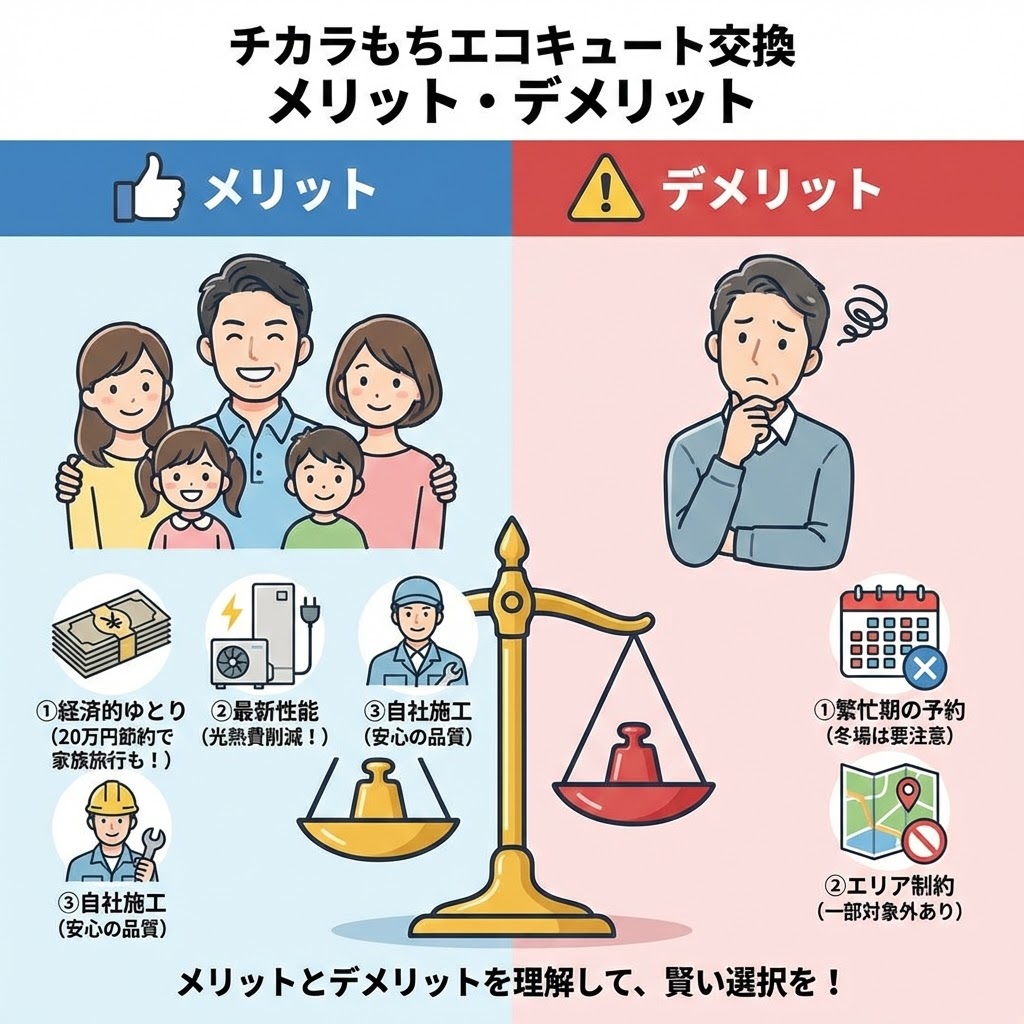 チカラもちエコキュート交換のメリットとデメリットを比較した図解イラスト。左側のメリットには「経済的ゆとり（20万円節約）」「最新性能（光熱費削減）」「自社施工（安心品質）」、右側のデメリットには「繁忙期の予約（冬場注意）」「エリア制約（一部対象外）」が描かれ、天秤で比較されている。45歳パパが賢い選択をするための情報源。
