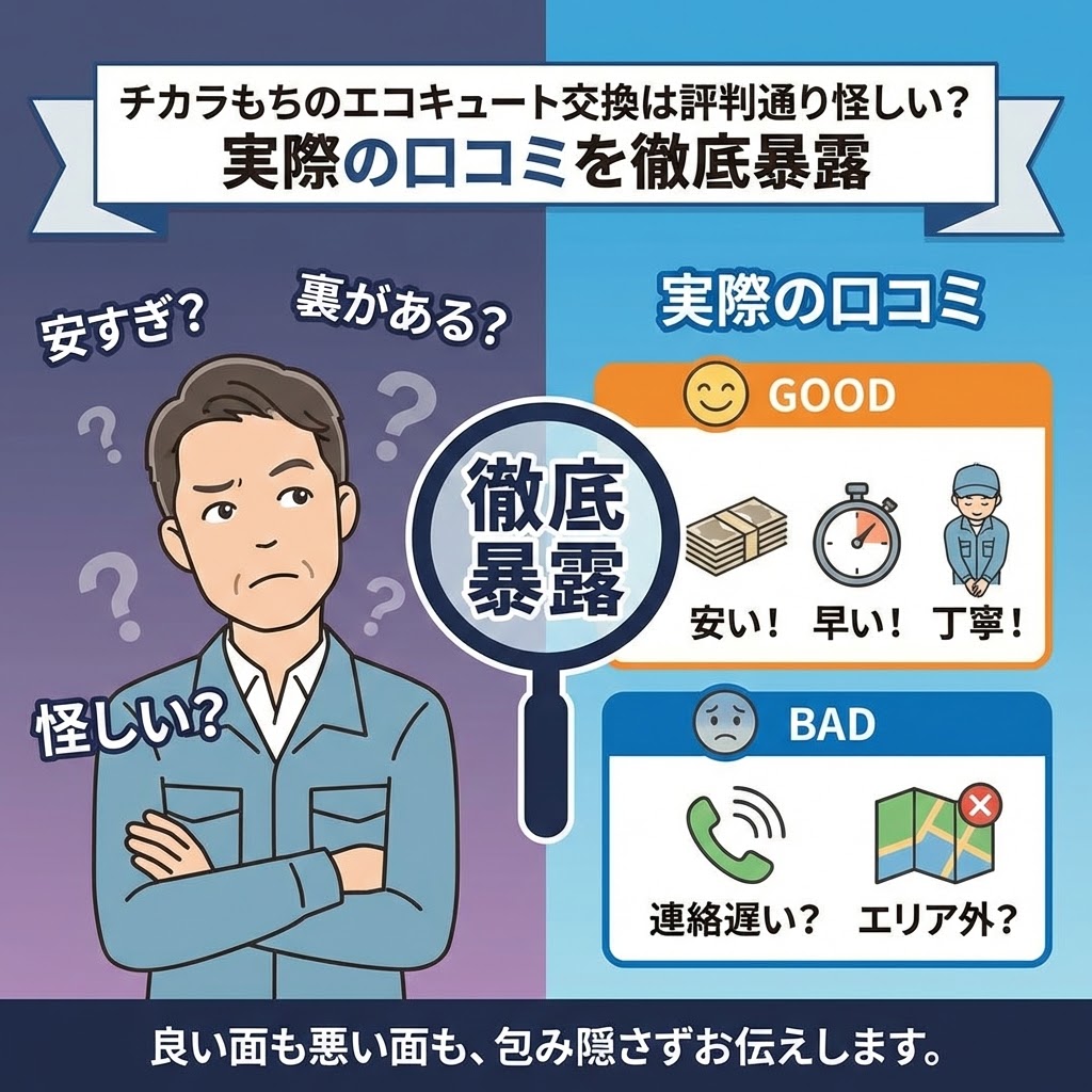 チカラもちのエコキュート交換の評判は怪しいのか、実際の口コミを徹底暴露するイラスト。左側では「安すぎ？」「裏がある？」と疑う男性、右側では「安い！早い！丁寧！」という良い口コミと「連絡遅い？エリア外？」という悪い口コミを比較表示。中央には「徹底暴露」の虫眼鏡アイコン。
