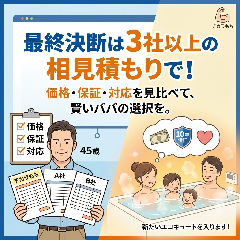 チカラもちのエコキュート評判を確認した後の最終決断として、3社以上の相見積もりを推奨するイラスト。45歳パパが価格・保証・対応を比較検討し、賢い選択をした結果、家族全員で安心して新しいエコキュートのお風呂に入っている幸せな様子が描かれている。