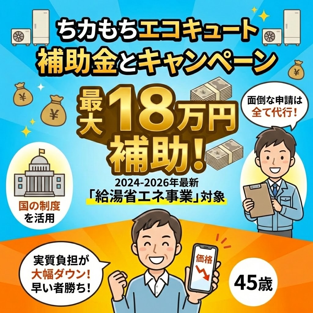 チカラもちのエコキュート補助金とキャンペーンを図解したイラスト。2024-2026年最新の「給湯省エネ事業」対象で、最大18万円の補助金が受け取れることを強調。面倒な国の申請手続きはチカラもちが全て代行し、45歳の男性が実質負担の大幅ダウンを喜んでいる様子が描かれている。