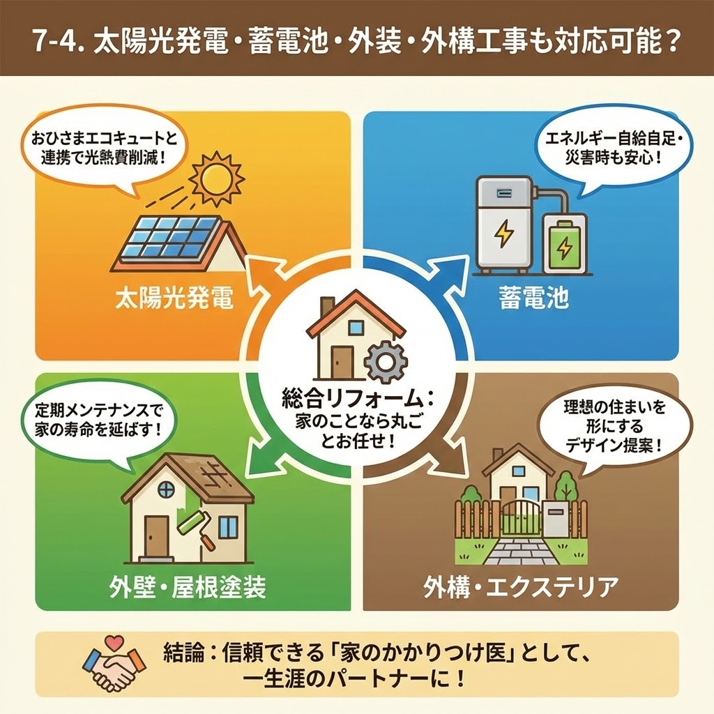 「7-4. 太陽光発電・蓄電池・外装・外構工事も対応可能？」と題したインフォグラフィック。中心の「総合リフォーム：家のことなら丸ごとお任せ！」というアイコンから4つの分野が紹介されている。左上は「太陽光発電」で「おひさまエコキュートと連携で光熱費削減！」。右上は「蓄電池」で「エネルギー自給自足・災害時も安心！」。左下は「外壁・屋根塗装」で「定期メンテナンスで家の寿命を延ばす！」。右下は「外構・エクステリア」で「理想の住まいを形にするデザイン提案！」。下部には結論として握手のアイコンと共に「信頼できる『家のかかりつけ医』として、一生涯のパートナーに！」と記載されている。