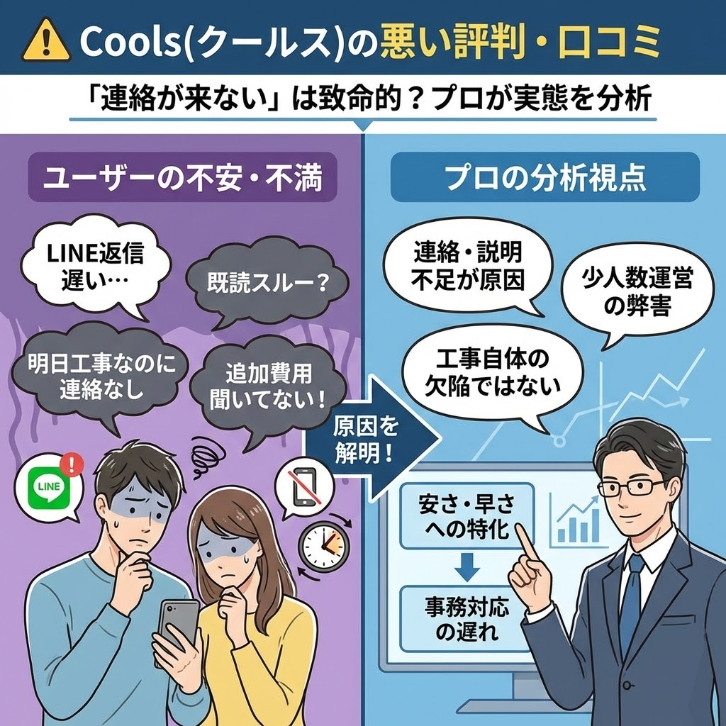 Cools（クールス）のエコキュート交換に関する悪い評判と口コミの分析イラスト。「連絡が来ない」というユーザーの不安（LINE返信遅い、既読スルー、工事前日の連絡なし、追加費用の説明不足）に対し、プロがその原因（連絡・説明不足、少人数運営の弊害、安さと早さへの特化による事務対応の遅れ）を解説しており、工事自体の欠陥ではないことを示している。