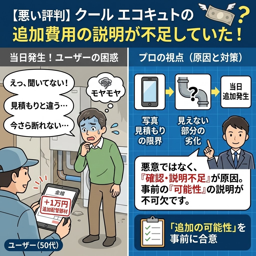 Cools（クールス）のエコキュート交換で、当日に予期せぬ追加費用が発生し困惑するユーザーと、その原因が写真見積もりの限界と事前の説明不足にあることを解説するプロのイラスト。