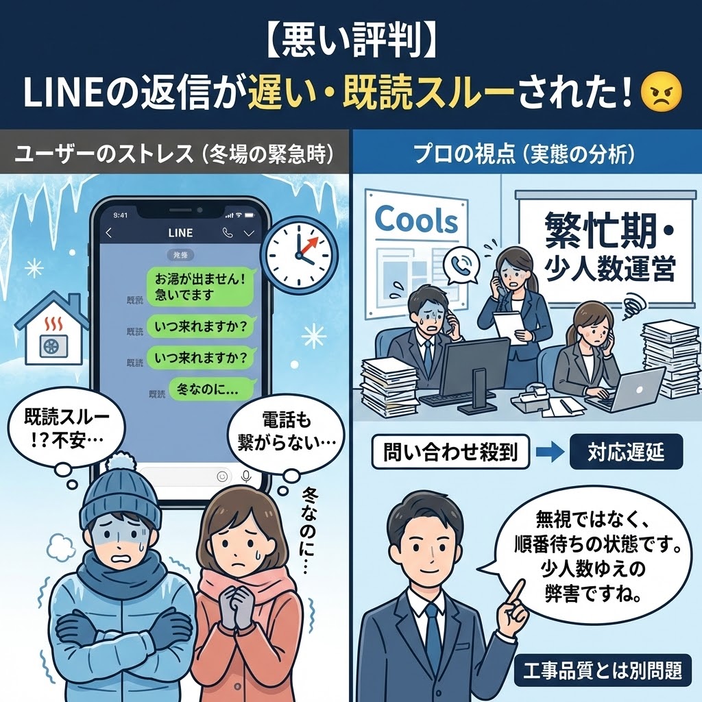Cools（クールス）のエコキュート交換に関する悪い評判として、「LINEの返信が遅い・既読スルーされた」という口コミを解説したイラスト。左側は、冬場にお湯が出ず困っているユーザーがLINEで問い合わせても既読スルーされ不安を感じている様子。右側は、プロの視点として、繁忙期と少人数運営により問い合わせが殺到し対応が遅延している実態を分析し、「無視ではなく順番待ちの状態」であり「工事品質とは別問題」であると解説している。